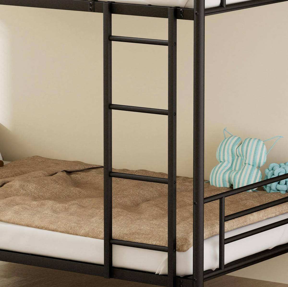 ETAGENBETT Stahl 90x190 cm Schwarz mit Leiter und hohem Geländer platzsparend - Schwarz, Metall (90/190cm) - Modfu