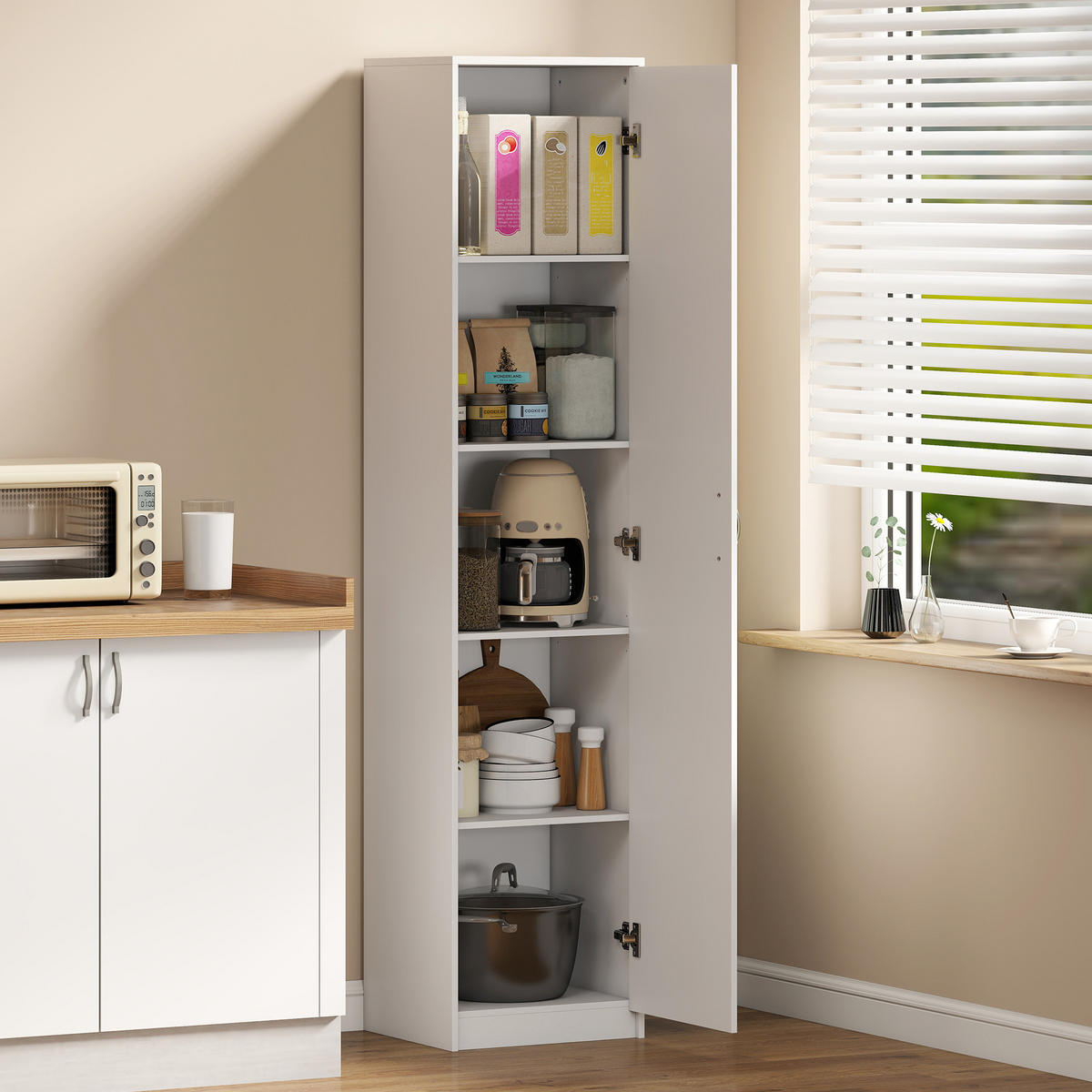 KÜCHENSCHRANK Buffetschrank mit 1 Tür, Verstellbaren Einlegeböden, Weiß - Alufarben/Weiß, Holzwerkstoff/Metall (35/180/40cm) - HOMCOM