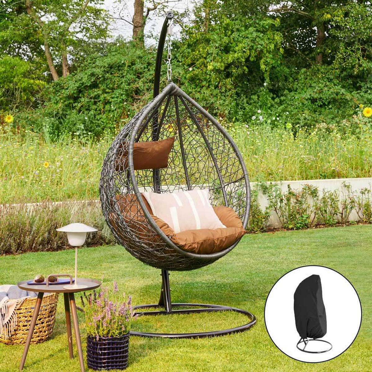 POLYRATTAN Hängesessel mit Regenabdeckung CIELO - Grau/Braun - Grau, Kunststoff (104/200/104cm) - Home Deluxe