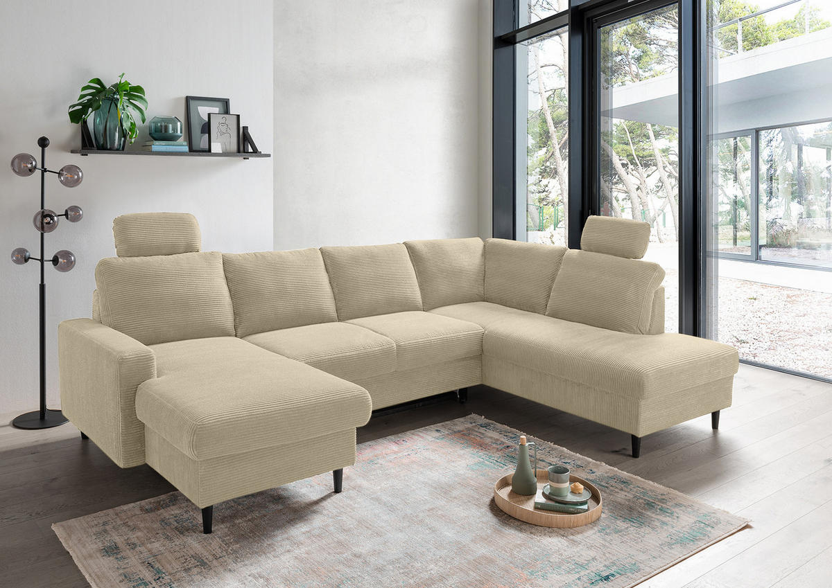 WOHNLANDSCHAFT mit Schlaffunktion Bettkasten Wellenunterfederung, 2 Kopfstützen, U-Form B305/T200/H88 cm, Cord Beige Grau / 17205 - Greige/Beige, Holz/Textil (305/88/200cm) - luma-home