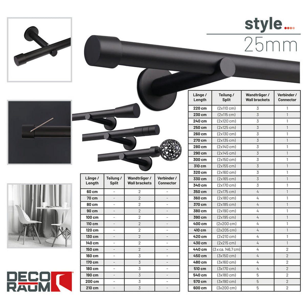 GARDINENSTANGE auf Maß 1-lauf Wandmontage Kappe 220cm - Schwarz, Metall (220cm) - Deco-Raum