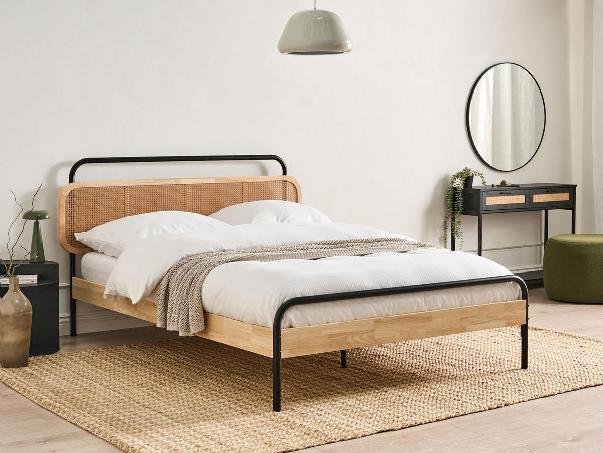 BETT mit Lattenrost 140/200 cm Hellbraun Boussicourt - Hellbraun/Schwarz, Holz (140/200cm) - Beliani