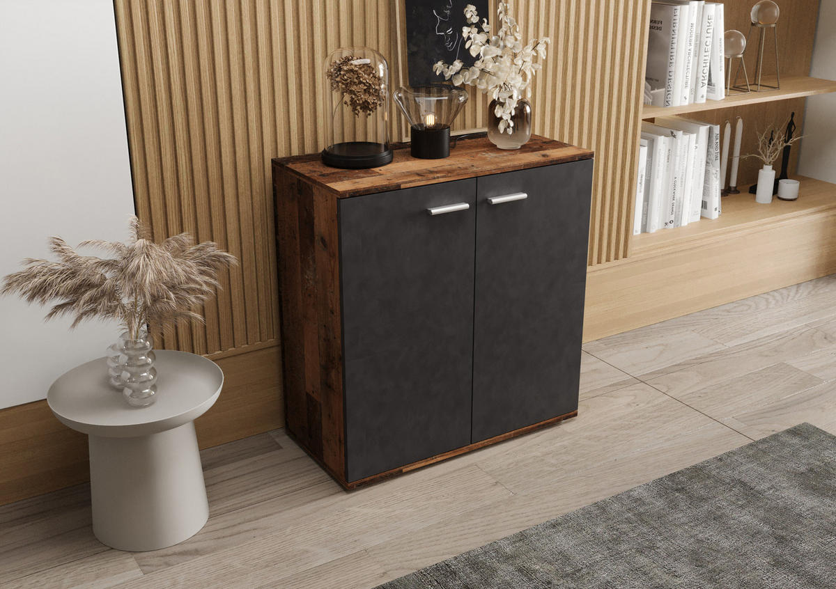 KOMMODE London LMK 2D mit 2 Türen, Sideboard in Farbe: Dunkelbraun|Schwarz, Größe: 71 x 75 x 35 cm - Dunkelbraun/Schwarz, Holzwerkstoff (71/75/35cm) - O-Sofa