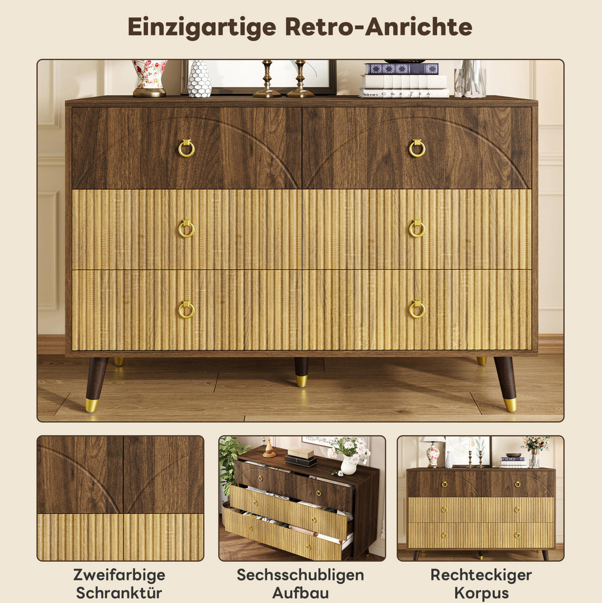 KOMODA 120/40/81 cm přírodní z MDF a dřevotřísky se 6 zásuvkami - přírodní, kompozitní dřevo (120/81/40cm) - OKWISH