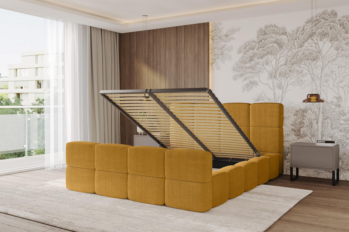POLSTERBETT mit Bettkasten und Lattenrost, Bett mit Kopfteil, Boxbett ohne Matratze, Doppelbett mit Stauraum - NATA-Z 120x200 Senfgelb - Kupferfarben, Holzwerkstoff/Textil (120/200cm) - ALTDECOR