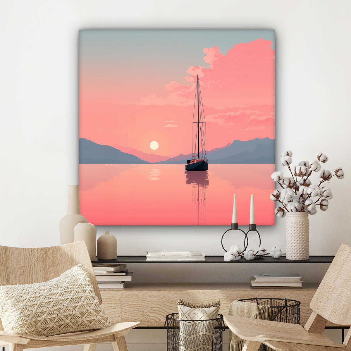 LEINWANDBILD Segelboot - Rosa Meer - Sonnenuntergang - Berge Deko Groß 90x90 cm - Rosa, Textil (90/90cm) - MuchoWow