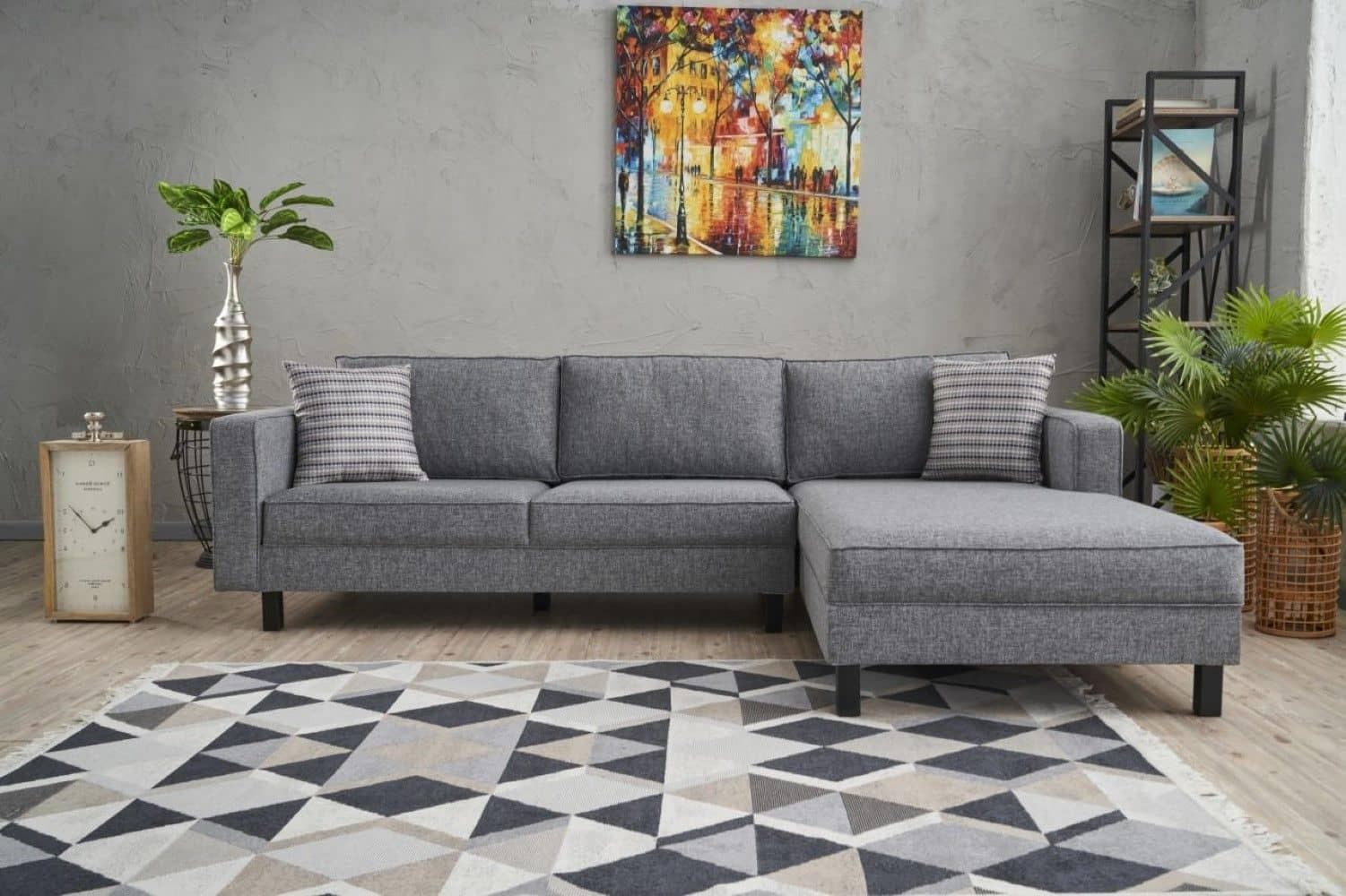 ECKSOFA mit elegantem Leinen-Bezug - Schwarz/Grau, Buchenholz/Textil (187/258cm) - myHomelando