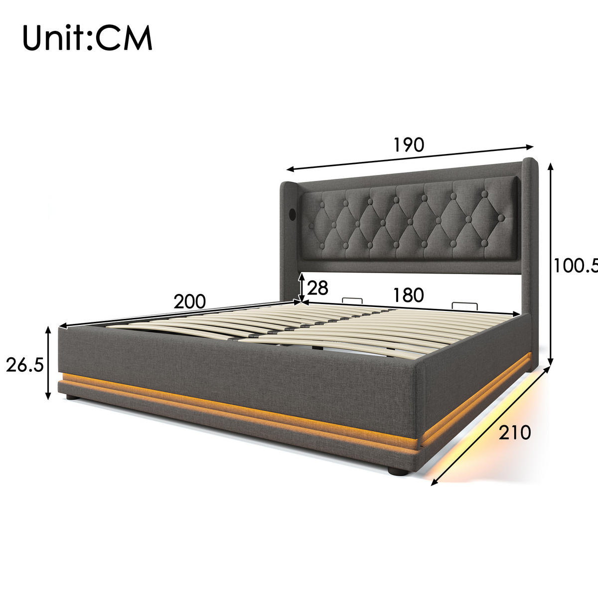 POSTEL s úložným prostorem 180/200 cm šedá z bavlny s USB-C nabíjením, LED a čalouněným čelem - šedá, textil (180/200cm) - OKWISH
