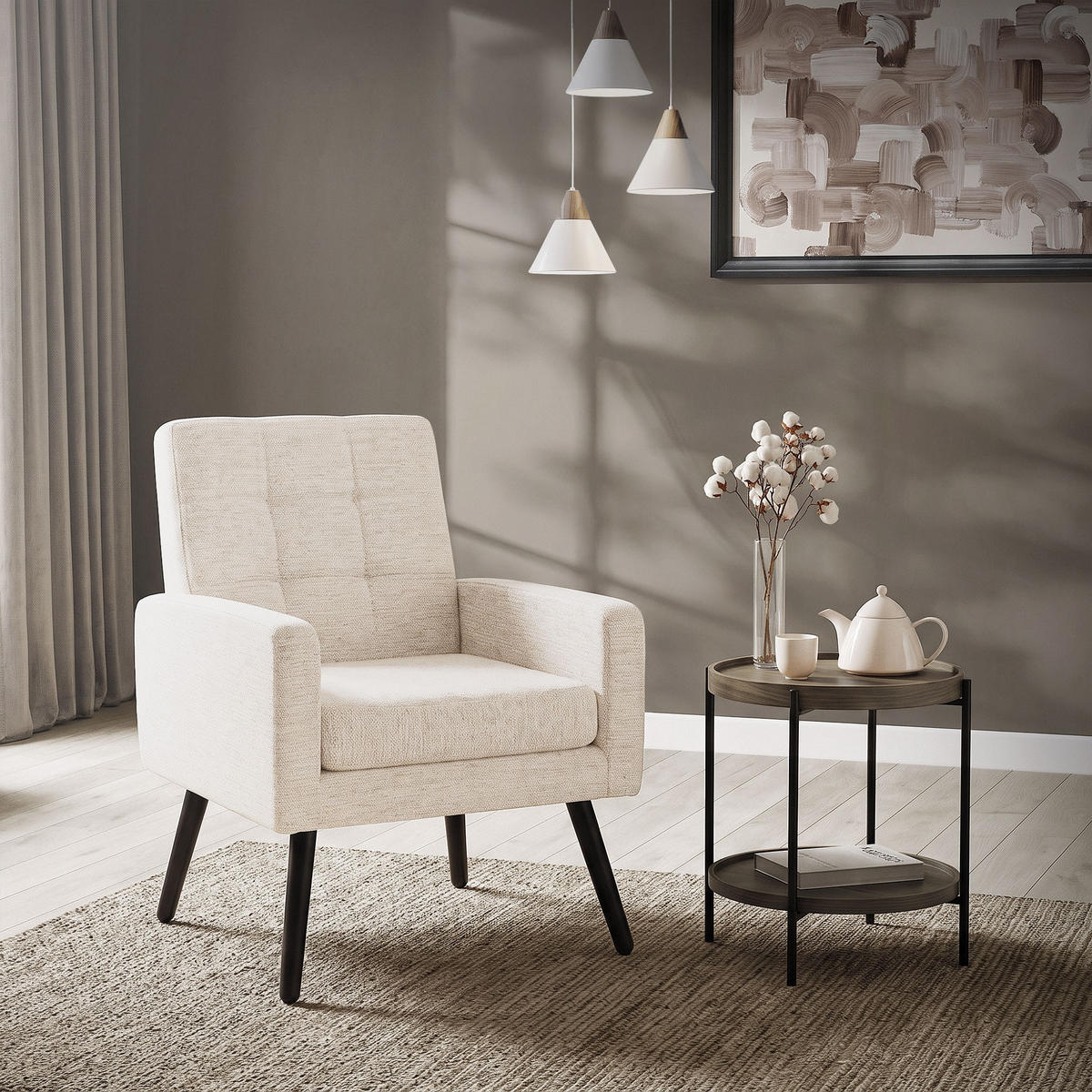 SESSEL mit Stahlbeinen und Webstruktur Relaxsessel 66,5x80x63,5 cm Beige - Beige/Schwarz, Textil/Metall (66.5/80/63.5cm) - ML-DESIGN