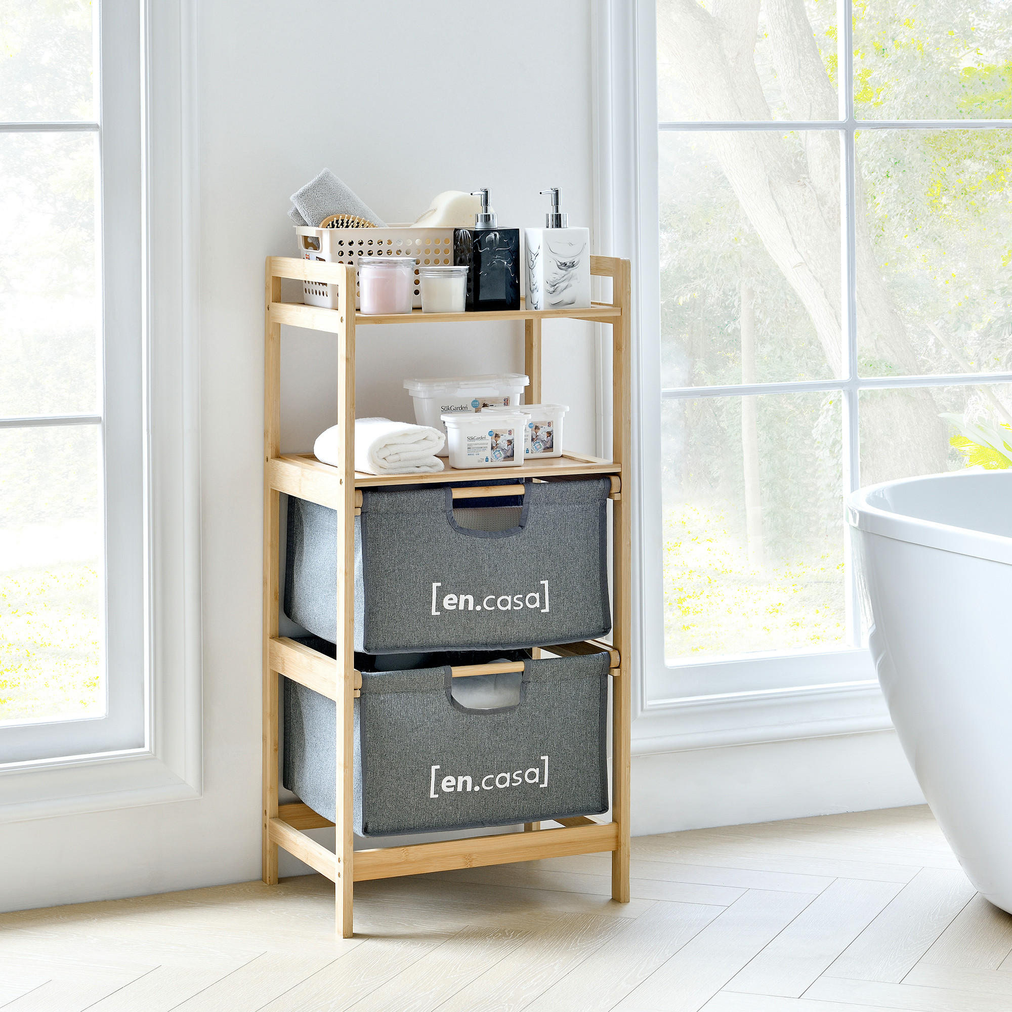 BADEZIMMERREGAL Evijärvi - Naturfarben, Holz/Textil (44/96/34cm) - [en.casa]