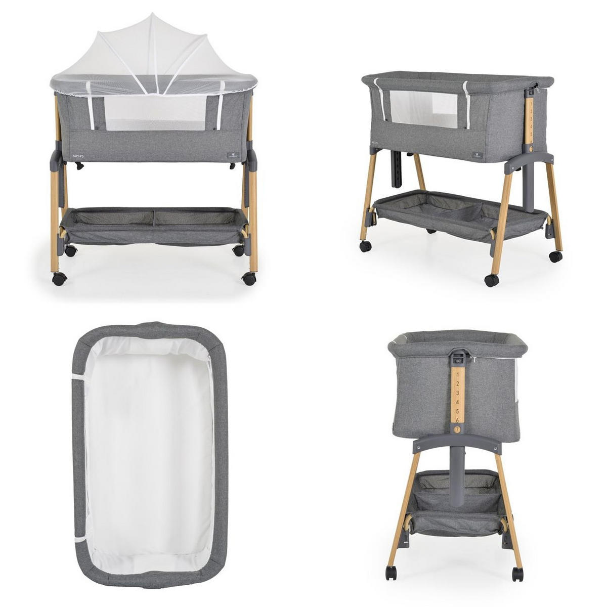 BEISTELLBETT Adoro grau 82 x 48 cm, 7 Höhenpositionen, Anti-Reflux, Moskitonetz, Matratze - Grau, Metall (48/82cm) - Cangaroo