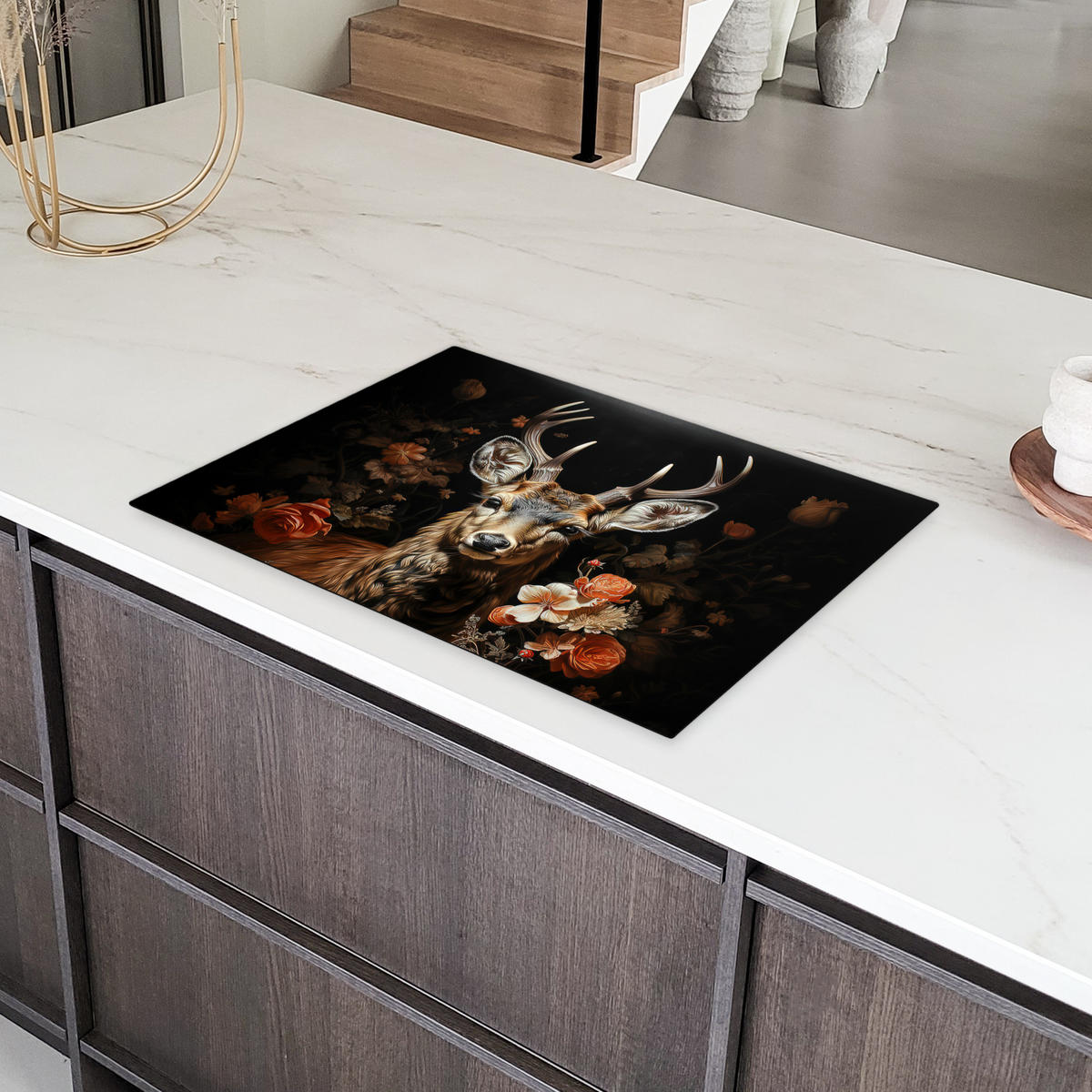 HERDABDECKPLATTE Hirsch - Tier - Blumen - Natur - Botanisch Herdabdeckung Induktionsfeld 75x52 cm - Kupferfarben, Kunststoff (75/52/0.2cm) - MuchoWow