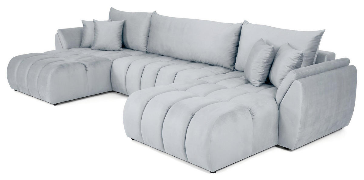 ECKSOFA Iris U mit Schlaffunktion und Bettkasten, U-Form – Hellgrau Samt 382/184/85 cm - Hellgrau/Schwarz, Kunststoff/Textil (382/184cm) - WFL GROUP