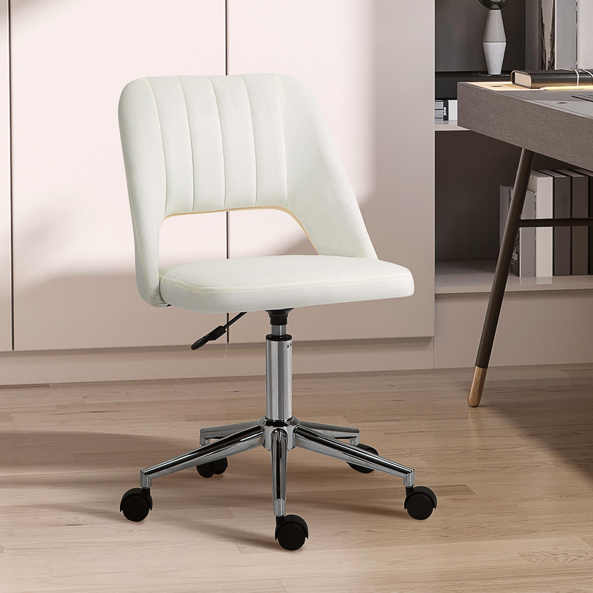 BÜROSTUHL Drehstuhl Jakobsmuschel-Form verstellbar Samtartiges Polyester - Chromfarben/Creme, Textil/Metall (60/91/49cm) - Vinsetto