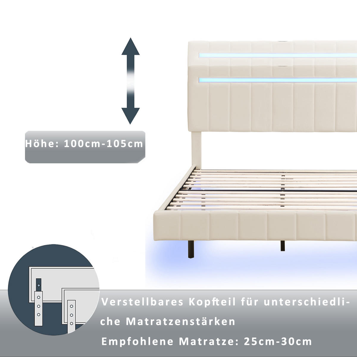 POLSTERBETT 160x200 cm Schwebebett mit LED, USB & Kopfteil, Leinen beige - Beige, Holz (160/200cm)