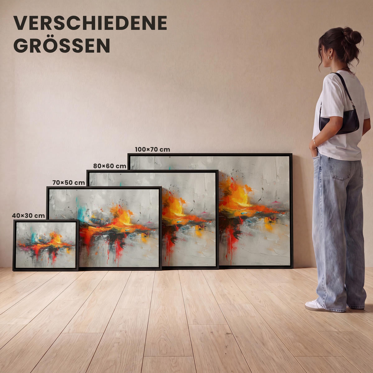 LEINWAND Bilder mit Rahmen - Moderne Kunst - Orange - Grau - Abstrakt - 100x70 - Hellgrau, Textil (100/70cm) - MuchoWow