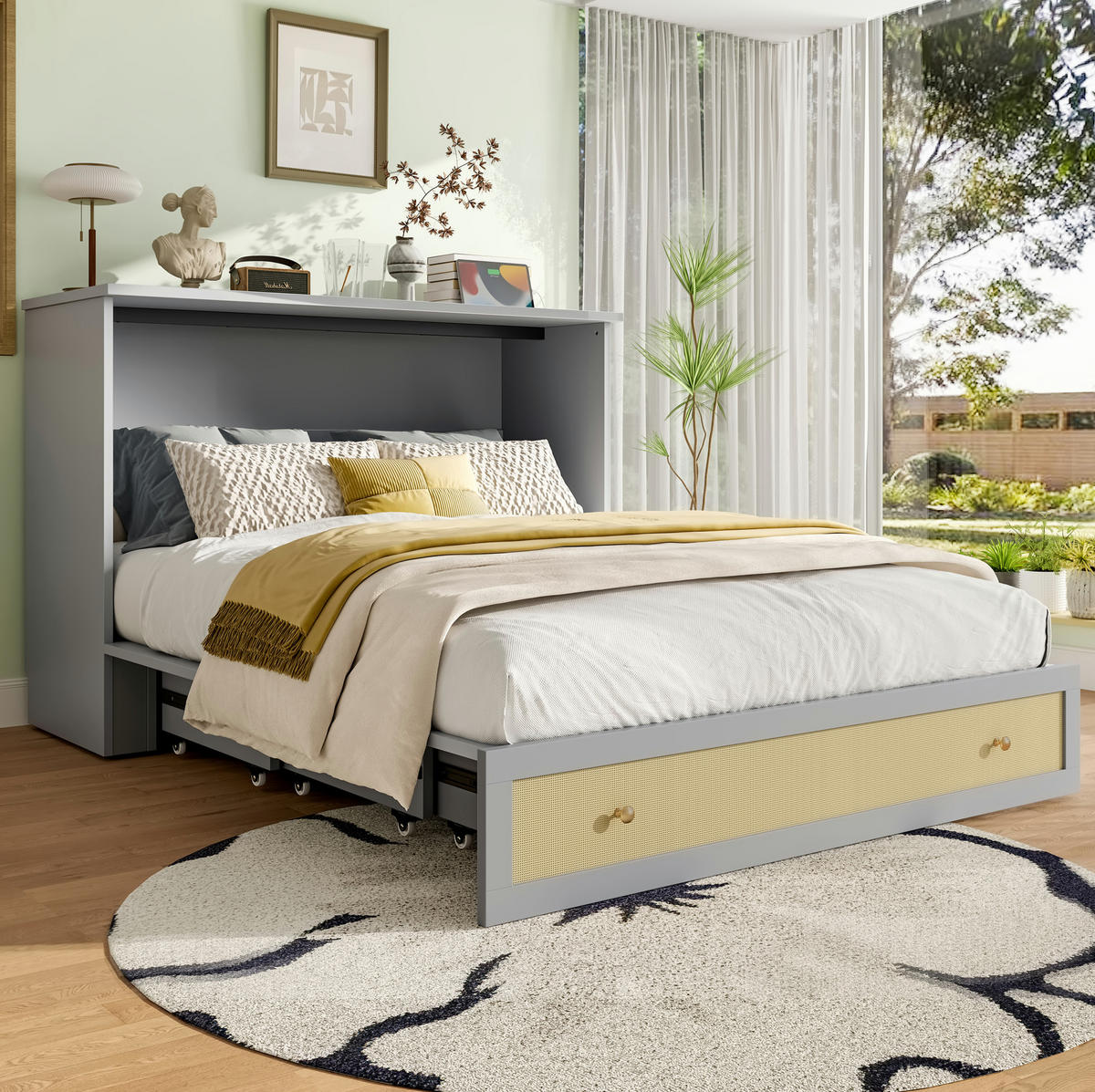 POSTELJNA omara iz MDF 140x200 cm siva z USB priključkom, vtičnico, predalom in preobrazbo v omaro - siva, leseni material (140/200cm) - Modfu