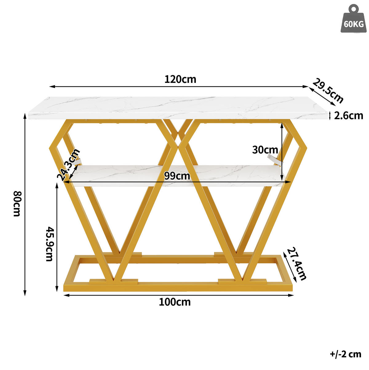 KONSOLENTISCH 120/29,5/80 cm Weiß in Marmoroptik mit Ablage MDF Metall - Weiß, Holzwerkstoff (120/29.5/80cm) - OKWISH