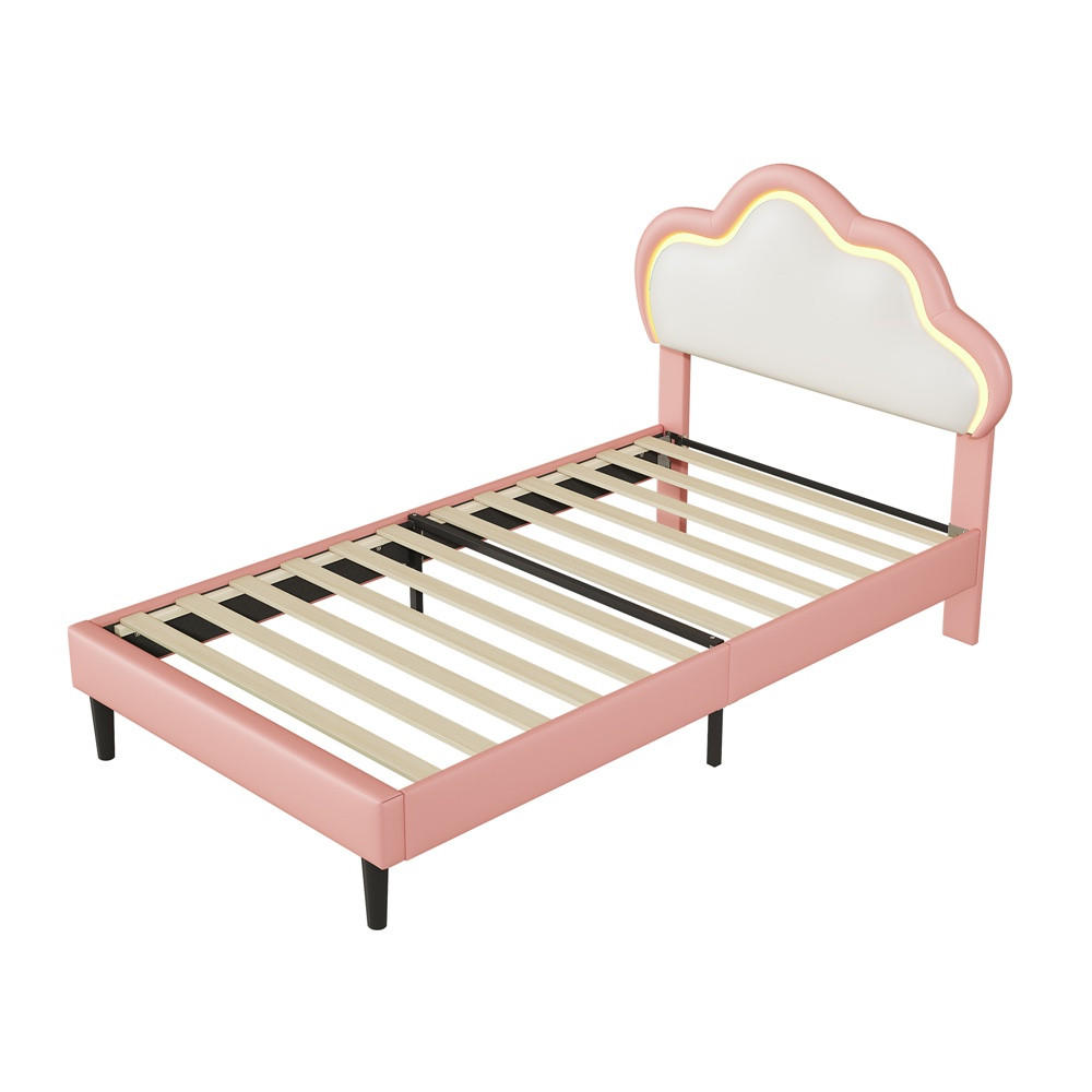 KINDERBETT 90 x 200 cm - höhenverstellbares Kopfteil im Wolken-Design mit LED - ohne Matratze - Weiß und Rosa - Pink, Textil (90/200cm) - DELFA