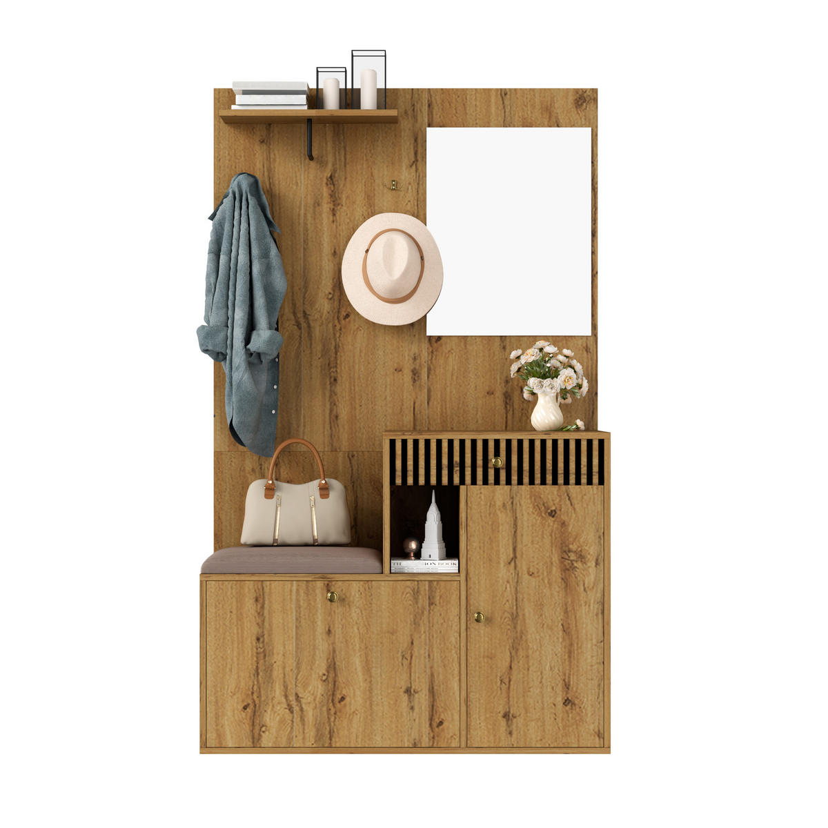 GARDEROBE mit Spiegel, Sitzbank und Stauraum - Sonoma Eiche, Glas/Holzwerkstoff (110/186/37cm) - Urban Meuble