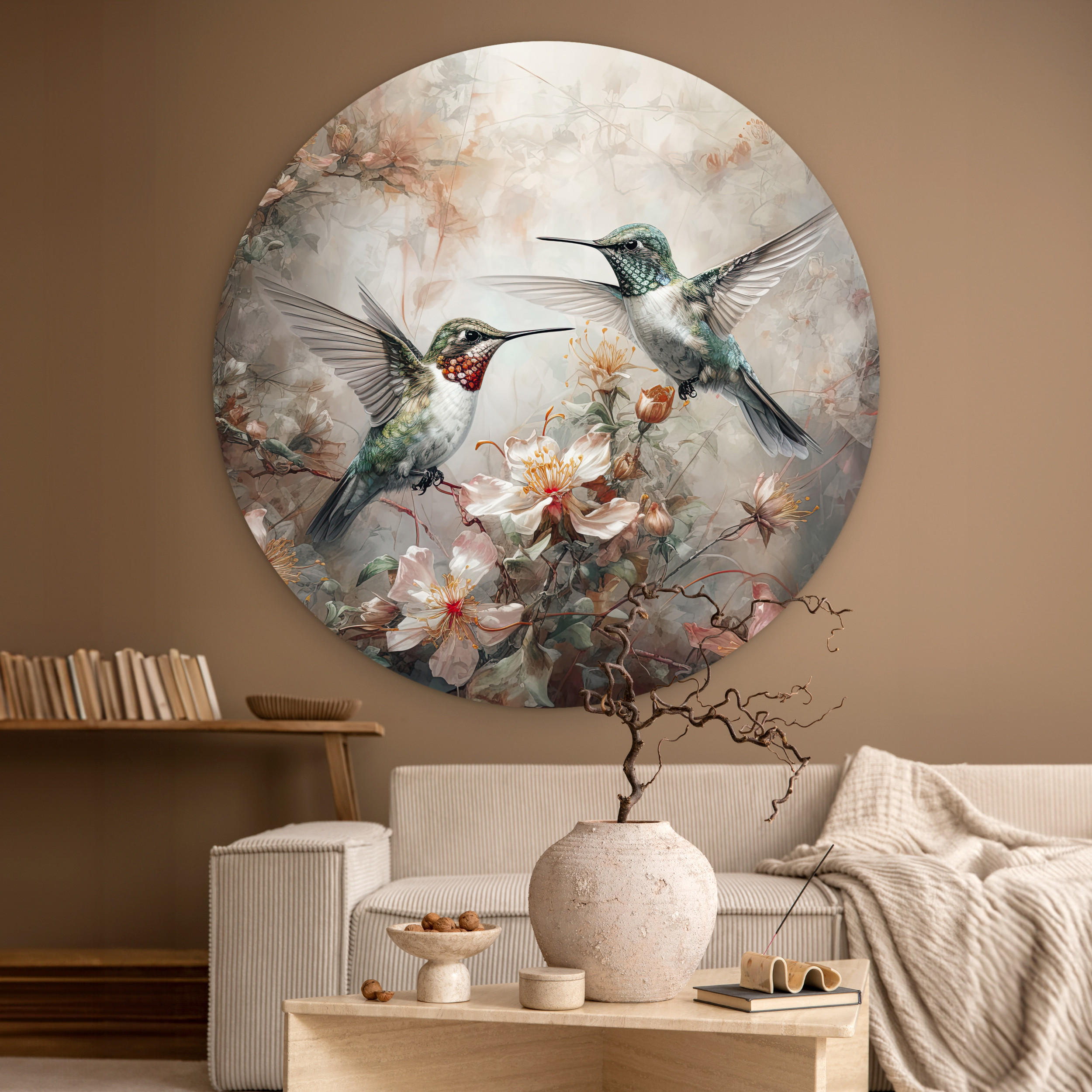 WANDBILD Kolibri - Vögel - Blumen - Pflanzen 120x120 cm - Hellgrün, Kunststoff (120/120cm) - MuchoWow