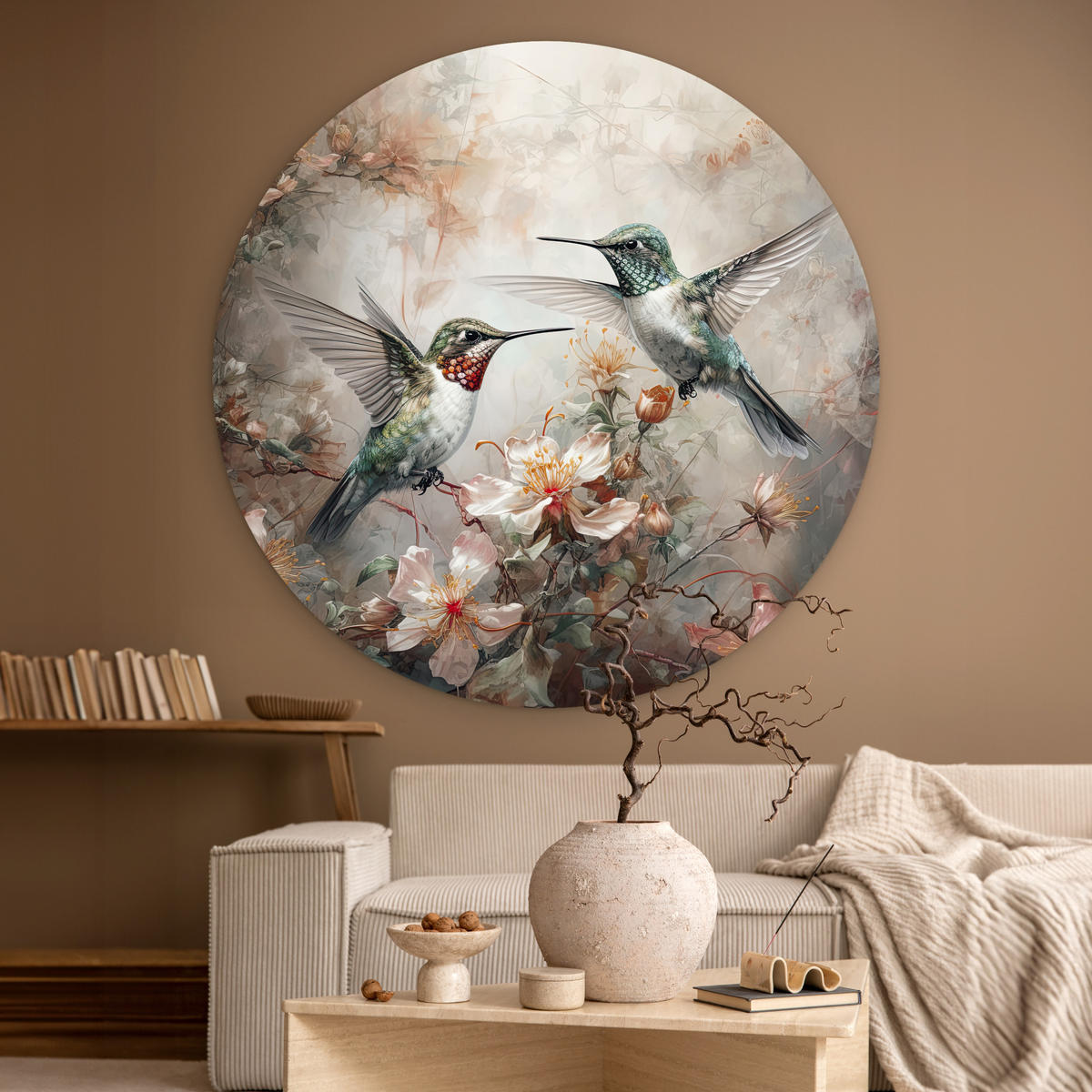 WANDBILD Kolibri - Vögel - Blumen - Pflanzen 150x150 cm - Hellgrün, Kunststoff (150/150cm) - MuchoWow