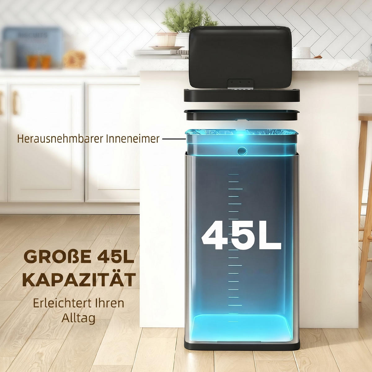 MÜLLEIMER SENSOR 45L 38/25,5/67,5 cm Edelstahl Silber Soft-Close - Silberfarben, Metall (25.5/67.5/38cm) - Rolipo