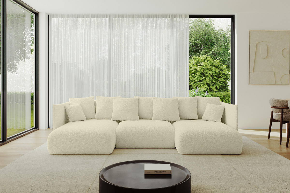 WOHNLANDSCHAFT mit Schlaffunktion und Bettkasten ONESK-U 304x165x40 Beige Bouclé - Beige, Holzwerkstoff/Kunststoff (304/90/165cm) - ALTDECOR