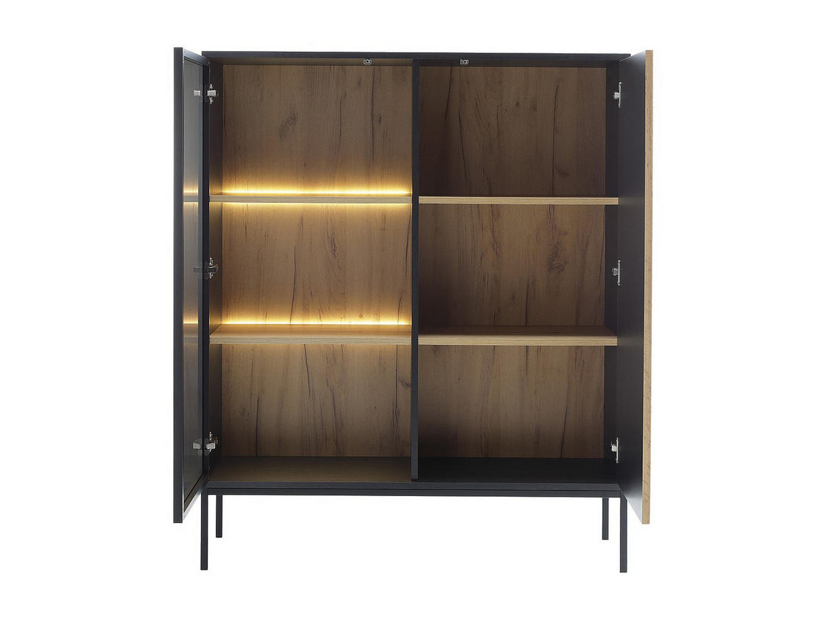 VITRINENSCHRANK - 2 Türen - mit LED-Beleuchtung - MDF & Rauchglas - Schwarz & Holzfarben - OVILA - Schwarz, Glas (103.5/125.5/39cm) - Vente-Unique