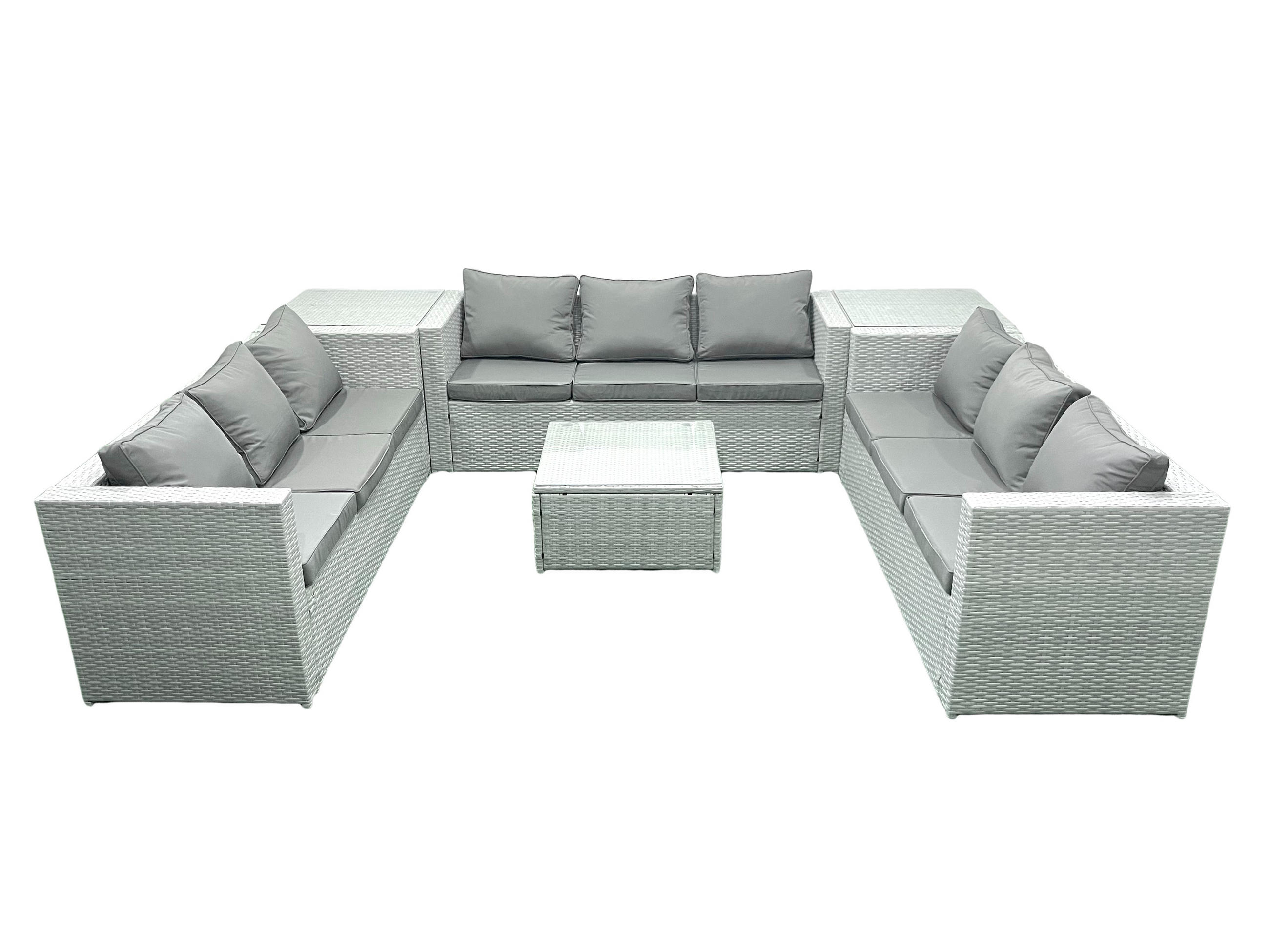 GARTENMÖBELSET mit 3-SITZER SOFA,COUCHTISCH Polyrattan Hellgrau-Mix 9-Sitzer - Hellgrau/Grau, Glas/Kunststoff - Fimous