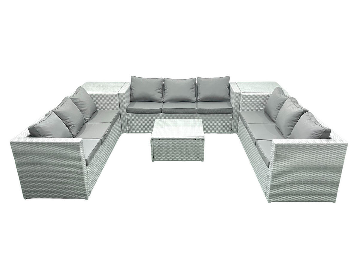 GARTENMÖBELSET mit 3-SITZER SOFA,COUCHTISCH Polyrattan Hellgrau-Mix 9-Sitzer - Hellgrau/Grau, Glas/Kunststoff - Fimous