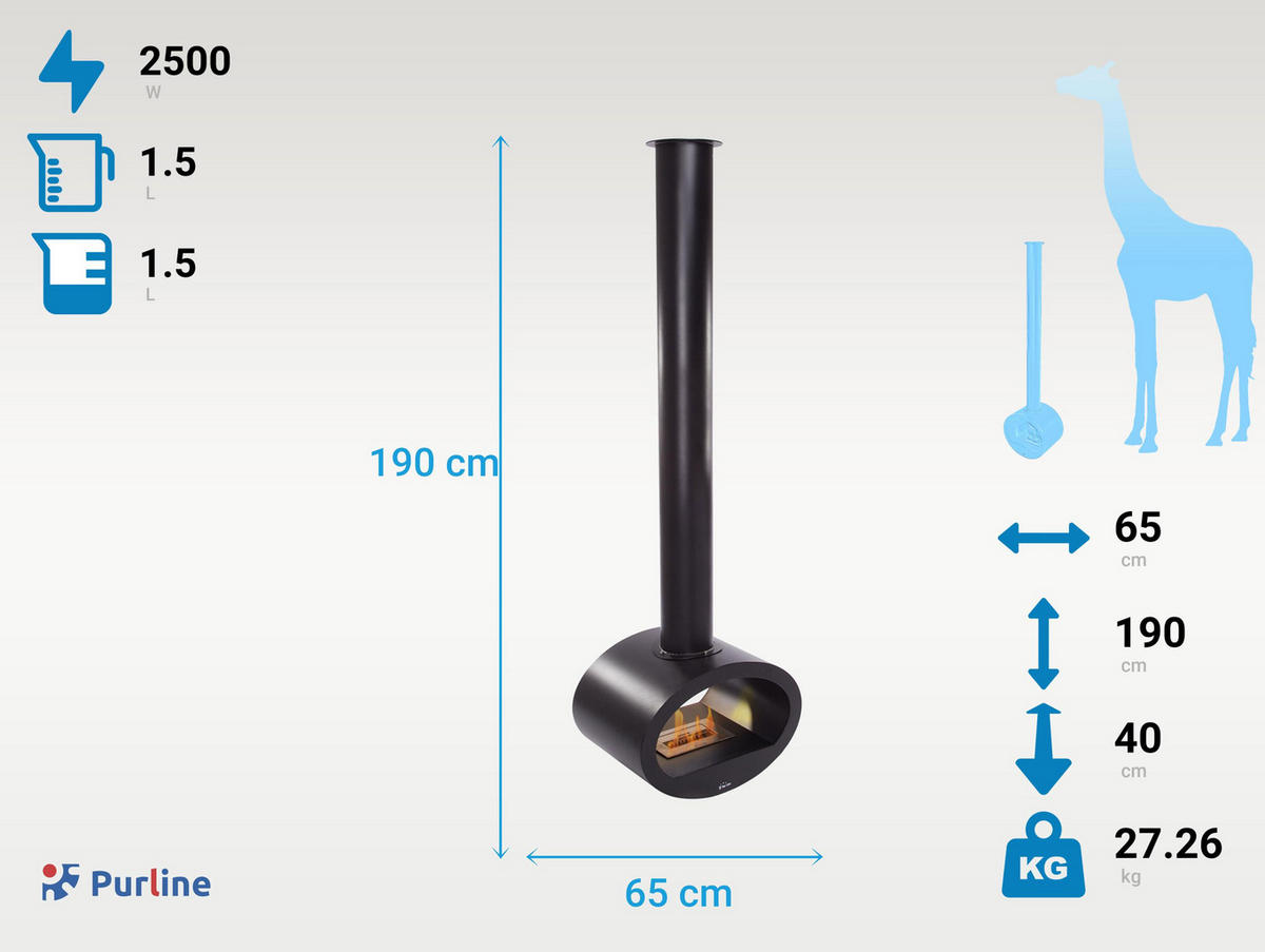 BIOETHANOL-KAMIN Schwarz Deckenmodell mit Rohr inklusive 1.5 L Brennblock - Schwarz, Metall (65/190/40cm) - Purline