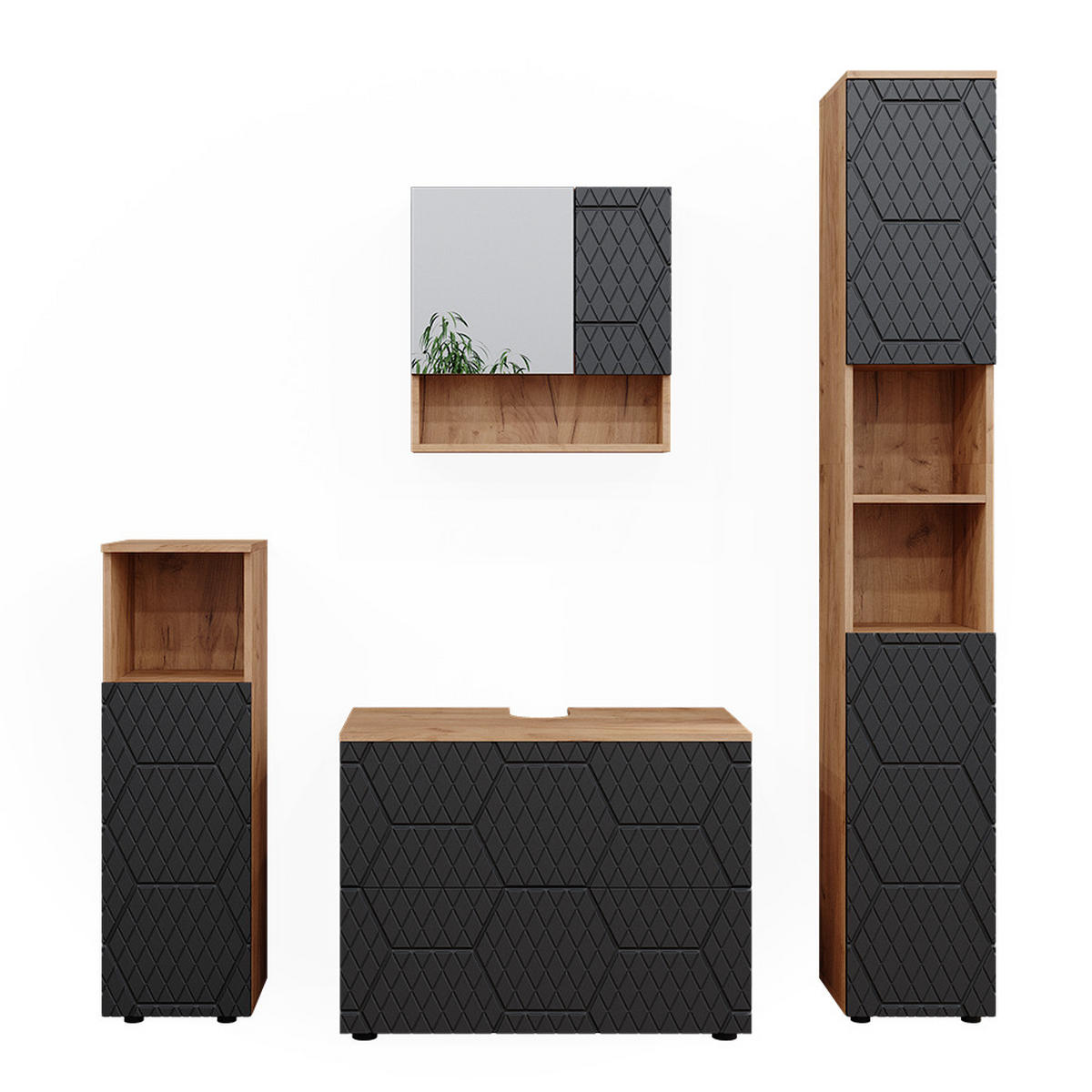 BADMÖBEL-SET Irma Anthrazit gestreift 4 Teile - Honigeiche/Anthrazit, Holzwerkstoff (80/58/41cm) - Vicco