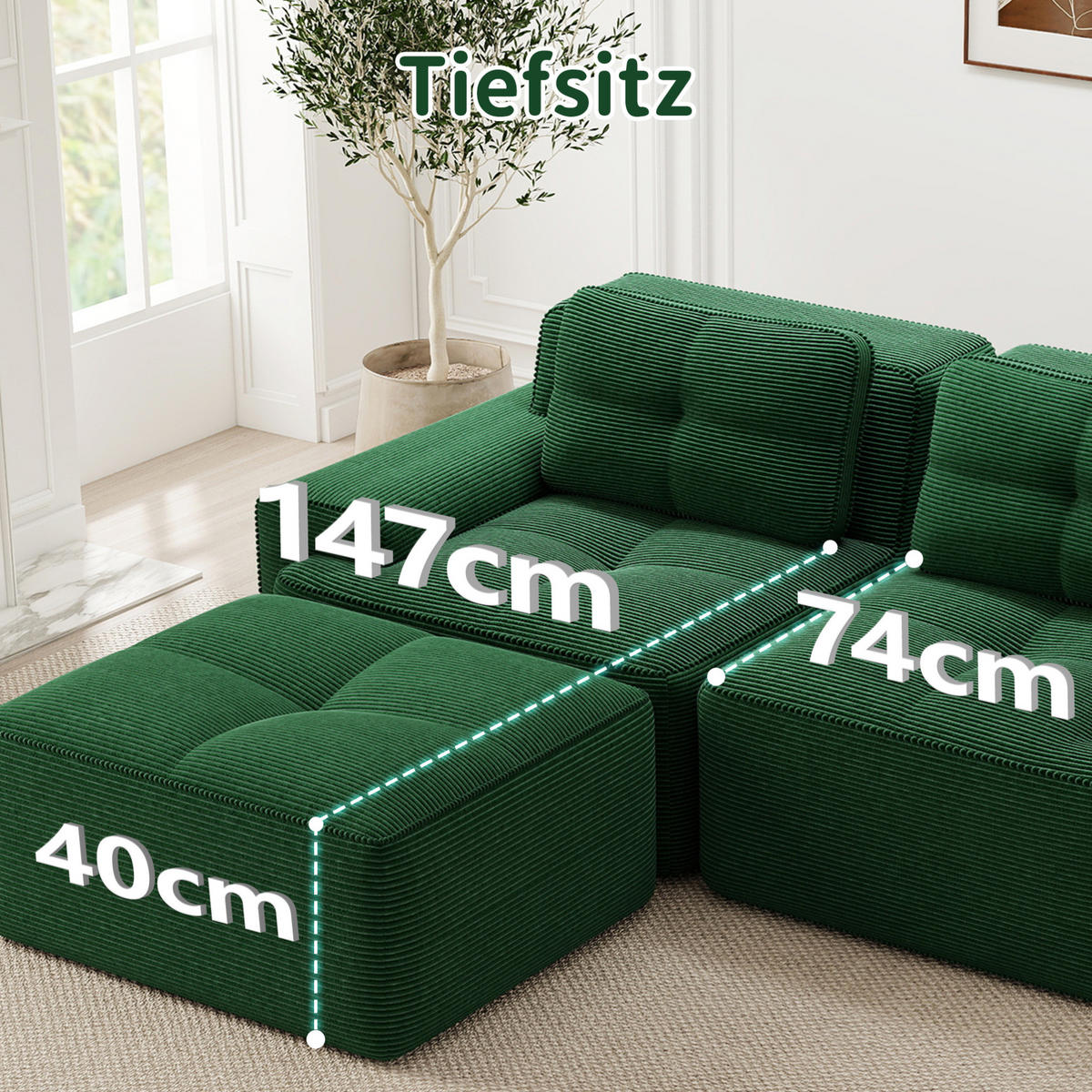 SOFA modular mit Schlaffunktion 74 cm Tiefsitz Cord Green - Grün, Kunststoff (177/69/293cm) - Meubliv