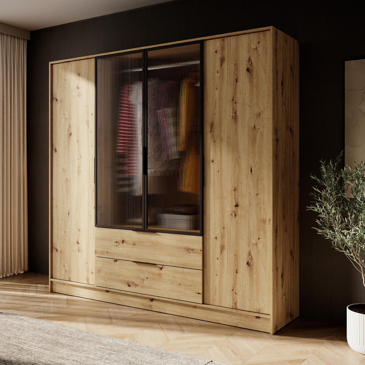 KLEIDERSCHRANK RICADI 4D RM (Artisan Eiche, Riffelglas, 4 Türen, 2 Schubladen, Kunststoffgriffe) - Schwarz/Eiche Artisan, Holz/Holzwerkstoff (206/200/51cm) - Ravio