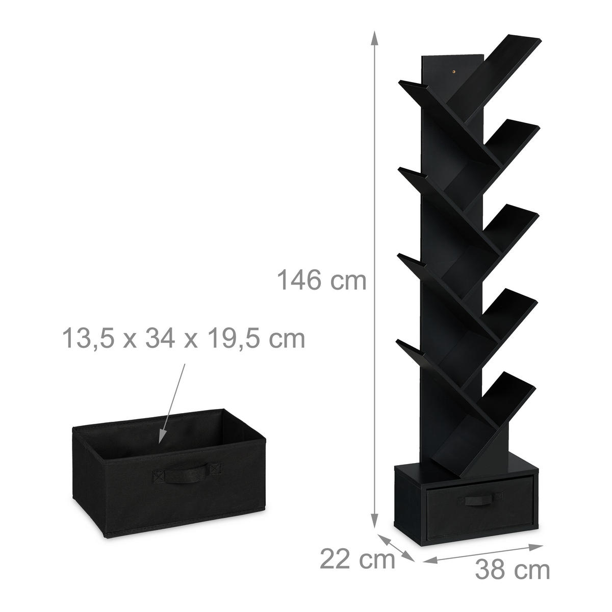 BÜCHERREGAL - Schwarz, Holzwerkstoff/Wellpappe (38/146/22cm) - Relaxdays