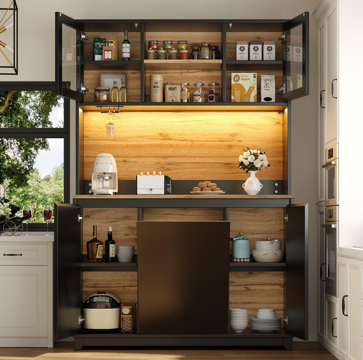 KÜCHEN-SIDEBOARD aus MDF 120x40x180 cm Schwarz mit LED-Beleuchtung, Acryltüren und Abfallfach - Schwarz, Holzwerkstoff (120/180/40cm) - IVMEU