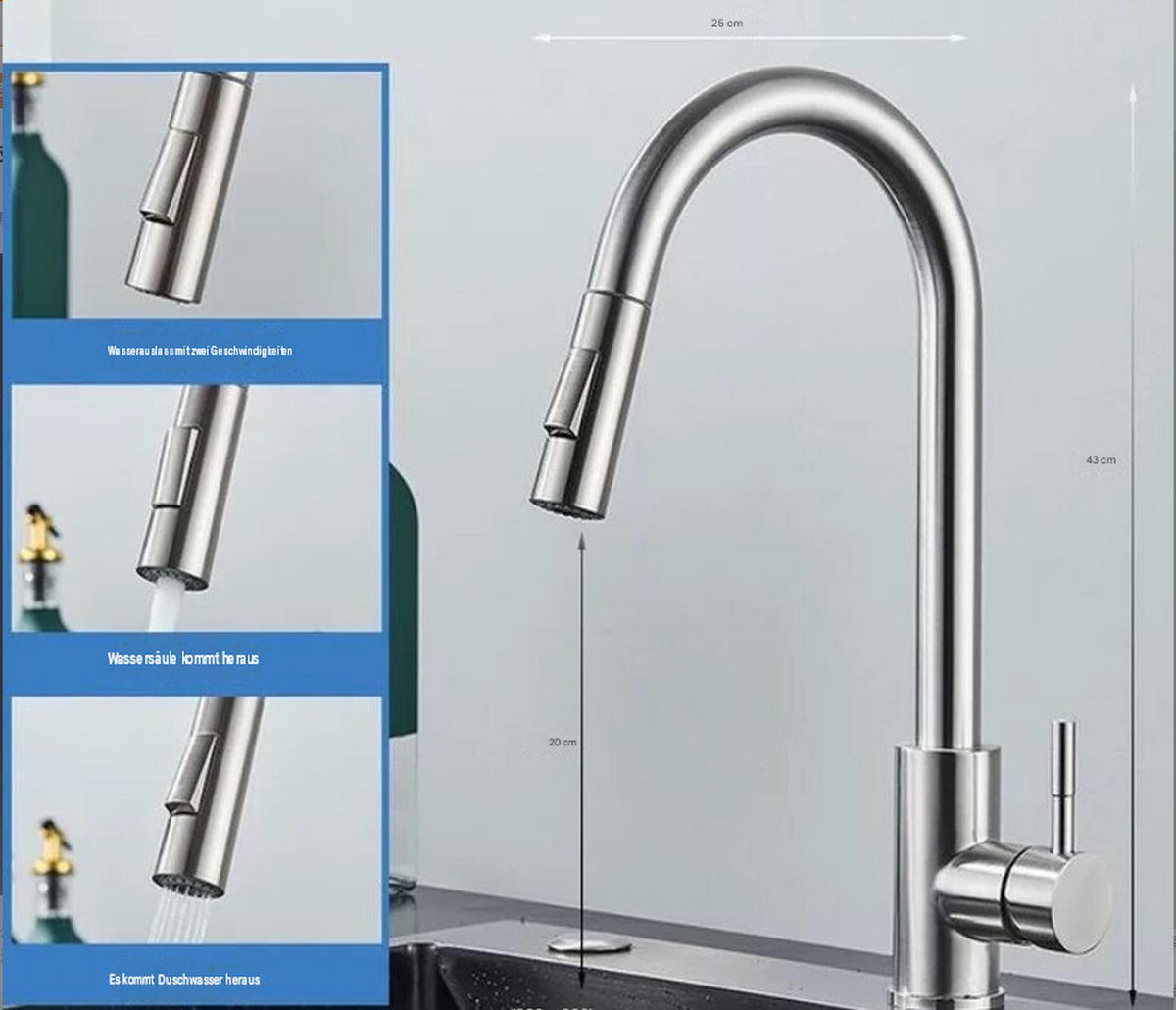 KÜCHENARMATUR Ausziehbar 43 x 25 x 6 silber - Grau, Metall (63/10/34cm) - Vallsero