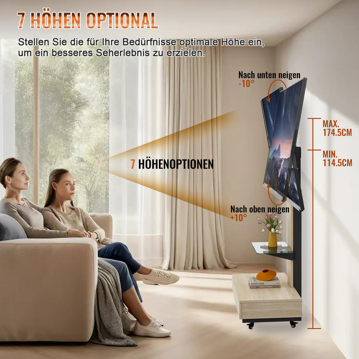 TV-HALTERUNG auf Rollen für 32–75 Zoll – höhenverstellbar & schwenkbar - Hellbraun, Holzwerkstoff (80/150/40cm) - BEAOK
