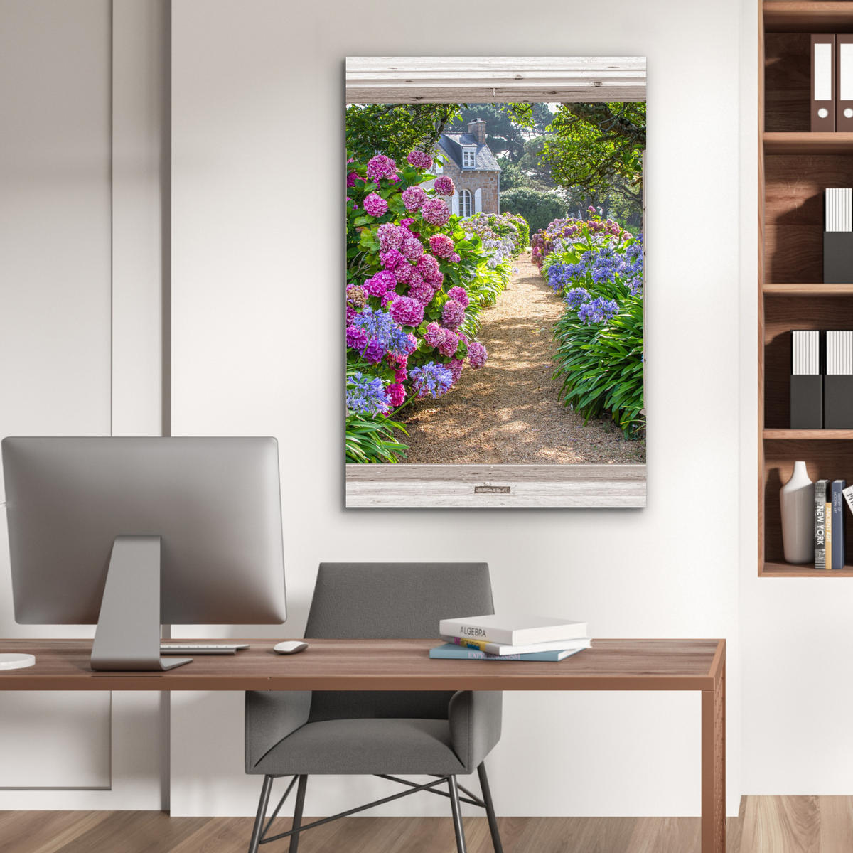 METALLBILD Hortensie - Fensterblick - Blumen - Sommer - Lila - Weg 60x90 cm - Lila, Metall (60/90cm) - MuchoWow