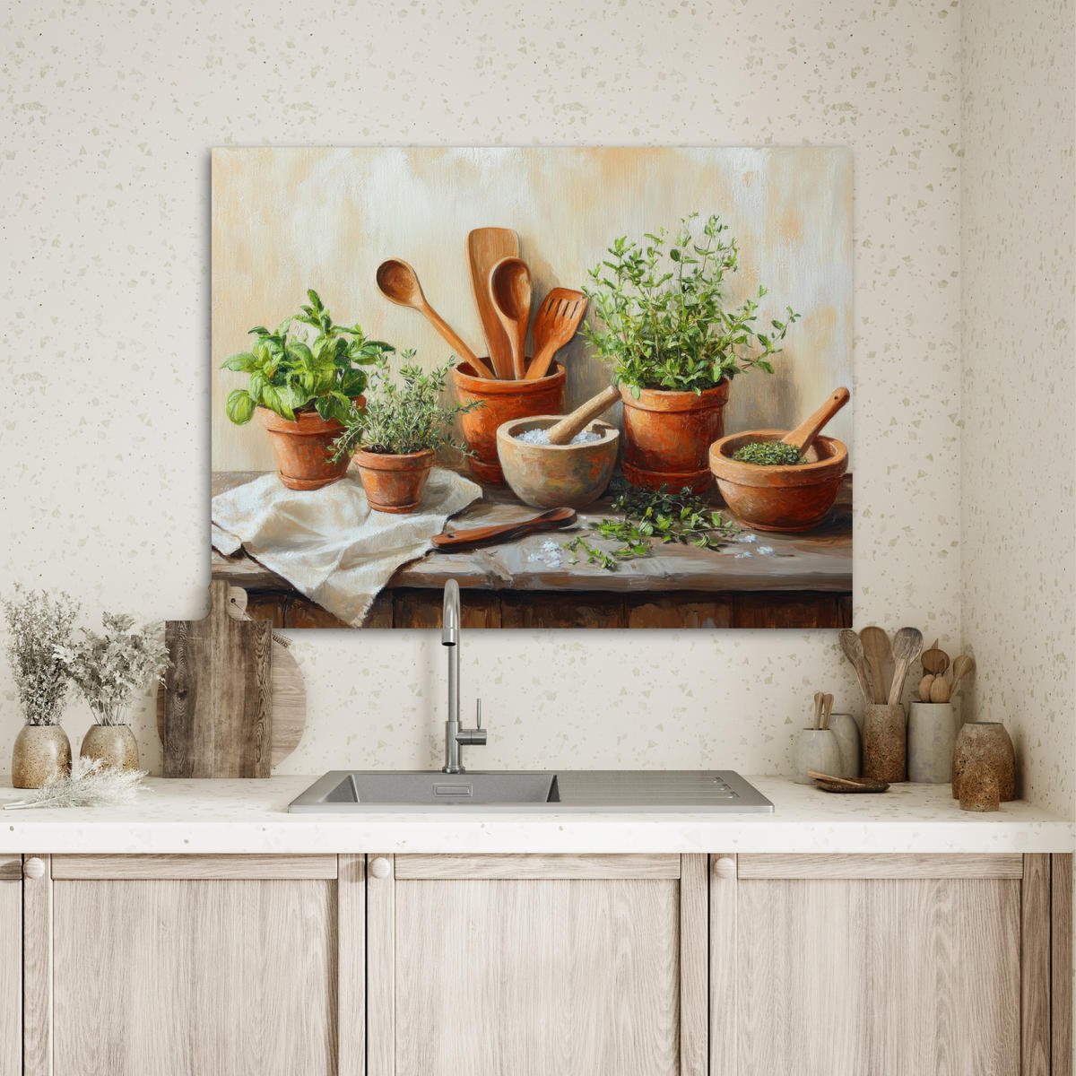 LEINWANDBILD Töpfe - Kräuter - Holz Wandbilder 80x60 cm - Terracotta, Textil (80/60cm) - MuchoWow