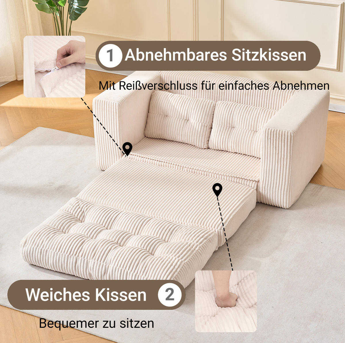 SCHLAFSOFA 2-in-1 rahmenloser Zweisitzer Cord Beige - Beige, Holzwerkstoff (85/54/140cm) - Meubliv