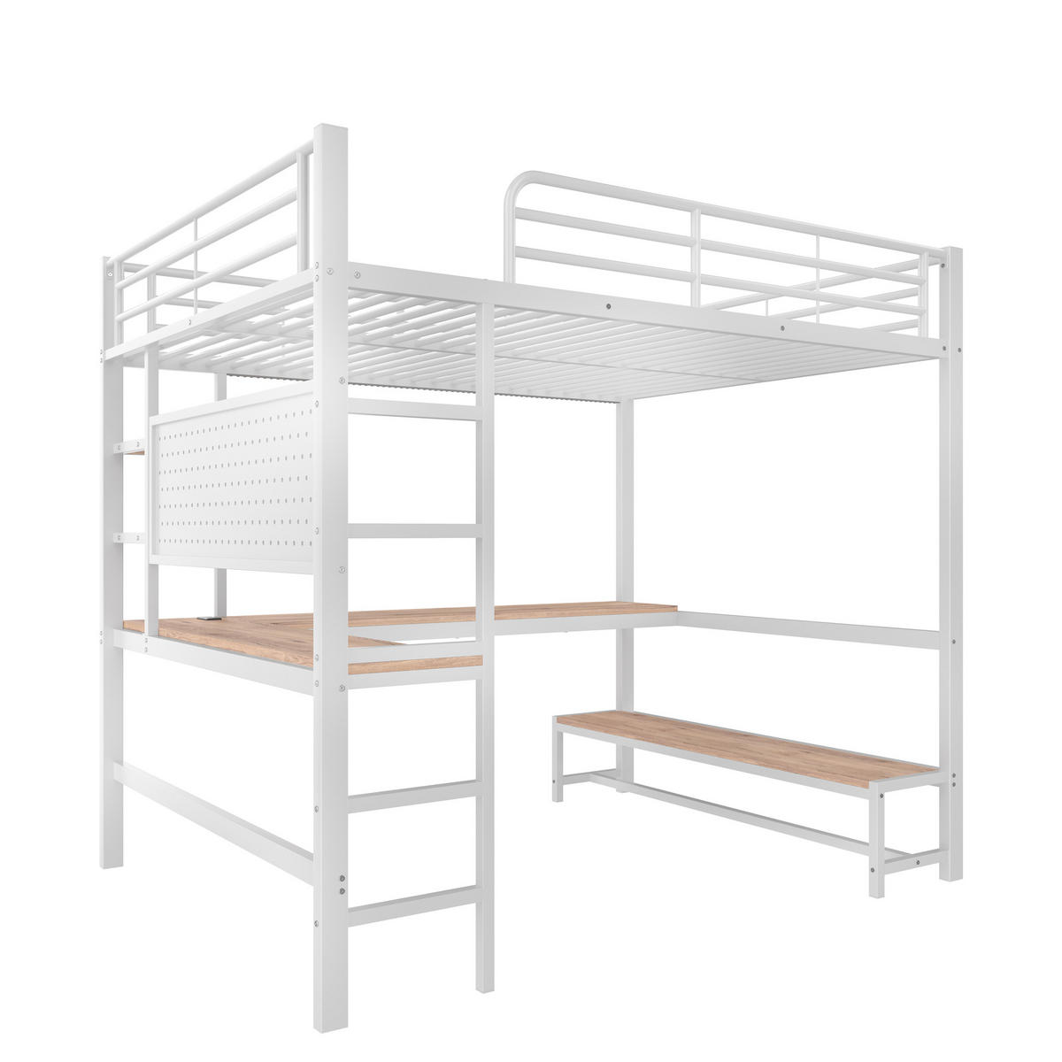 HOCHBETT 140/200 cm Weiß mit Schreibtisch und LED-Beleuchtung aus Metall - Weiß, Metall (140/200cm) - OKWISH