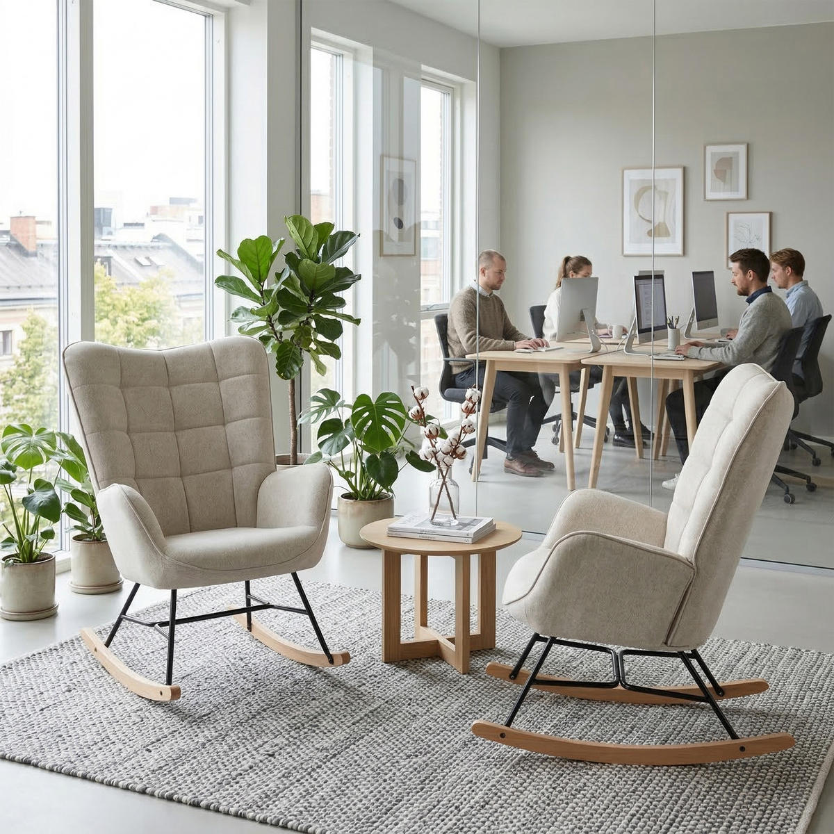SCHAUKELSTUHL 2er-Set, Skandinavischer Stoff-Schaukelstuhl mit Holz- und Metallgestell, Beige - Beige, Textil (68/98/85cm) - Meubles Cosy