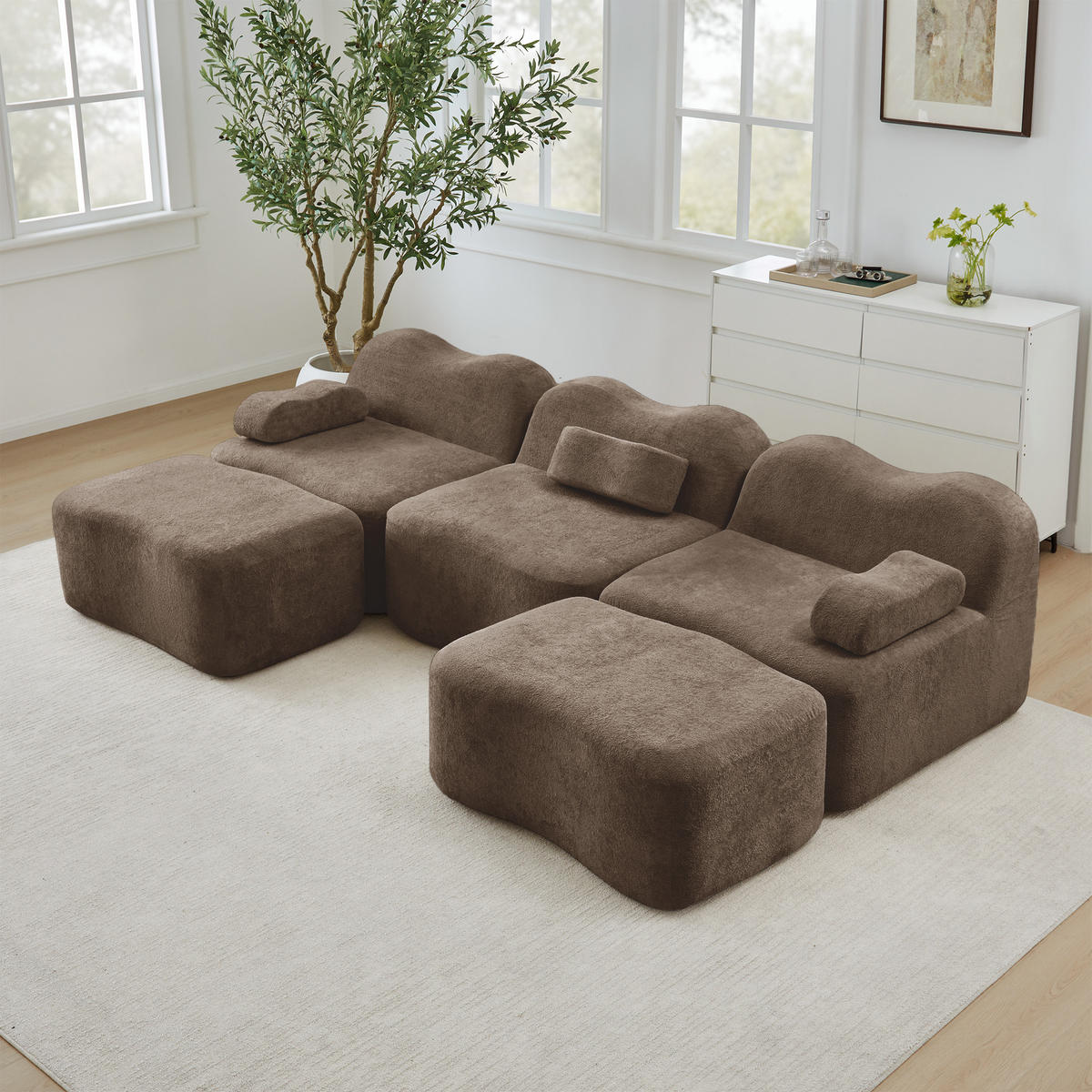 WOHNLANDSCHAFT Samt Braun mit Hocker - Braun, Textil (288/70/167cm) - WISHDOR