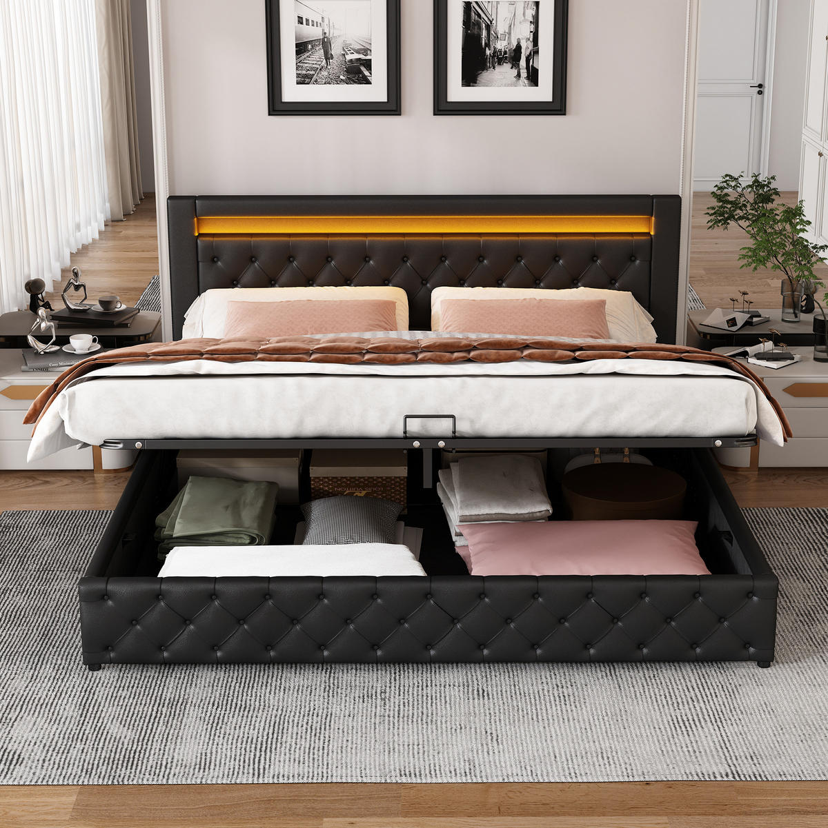 POLSTERBETT mit LED-Beleuchtung 140/200 cm mit Bettkasten und gepolstertem Kopfteil - Schwarz, Kunststoff (140/200cm) - BEAOK