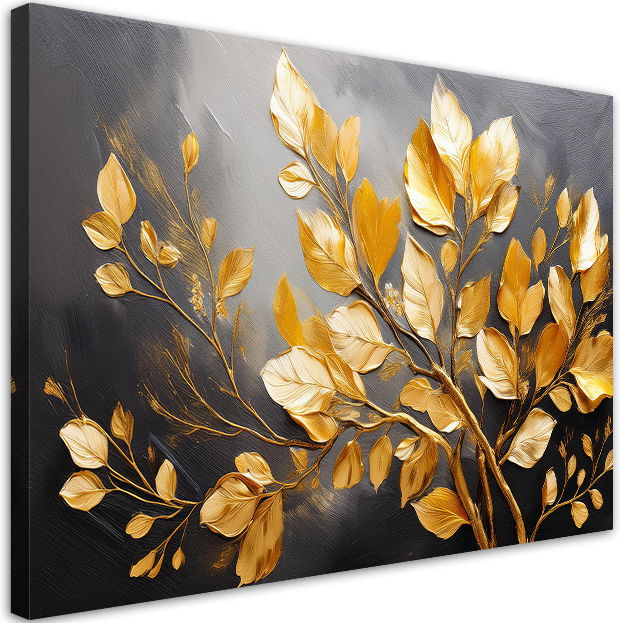 LEINWANDBILD Goldene Blätter auf grauem Hintergrund 60x40cm - Goldfarben, Textil (60/40cm) - Feeby