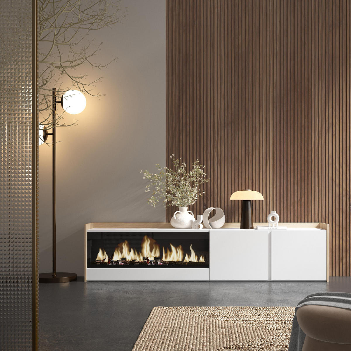 LOWBOARD, Weiß und Eiche, 212/35/50cm, Kamin mit Feuereffekt XXL - Weiß, Holzwerkstoff (212/50/35cm) - Skraut Home