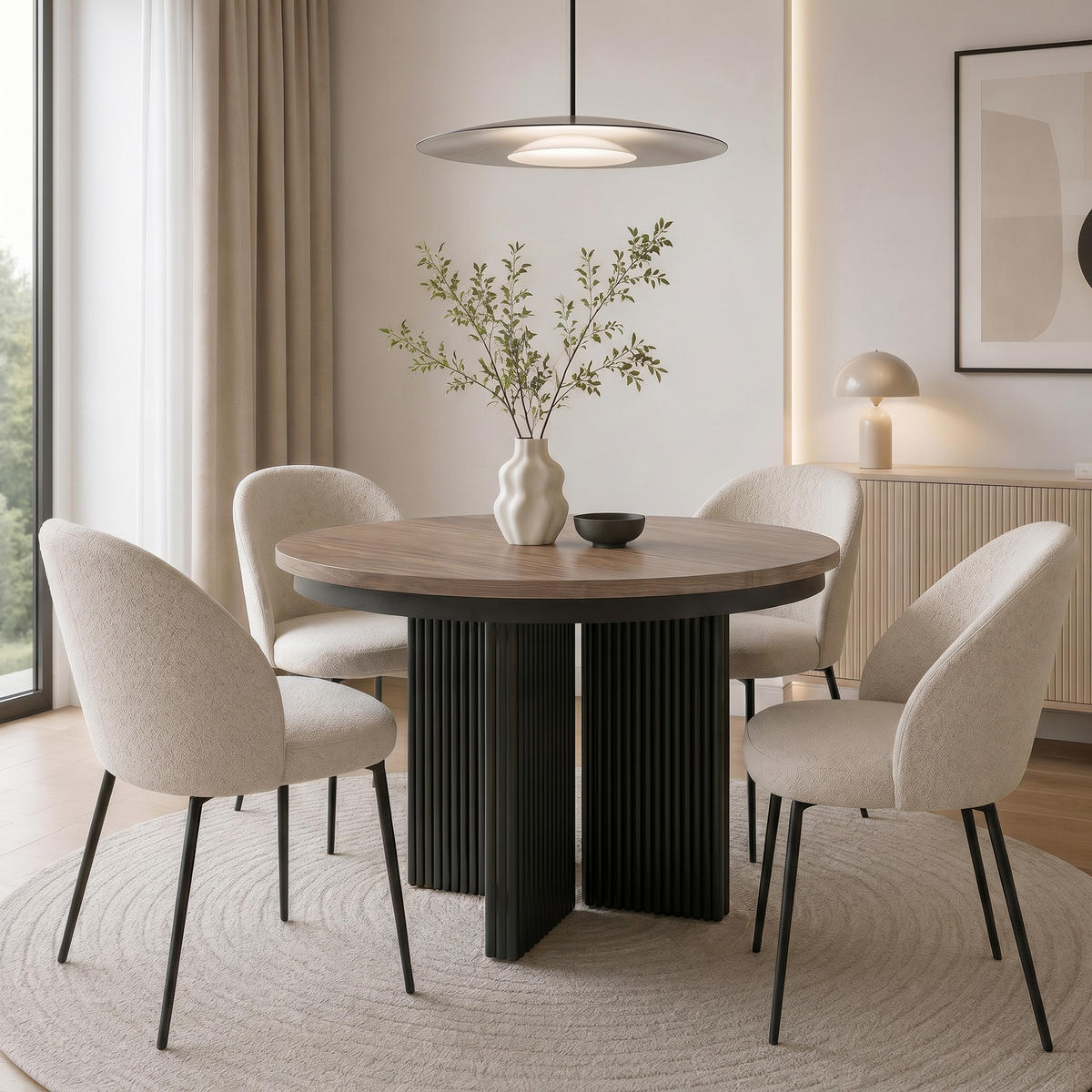 JÍDELNÍ STŮL Prestige, kulatý designový stůl, rozkládací Ø 100–180 cm, ořech + černá - černá/barva vlašského ořechu, kov (100/100/77cm) - Beautysofa