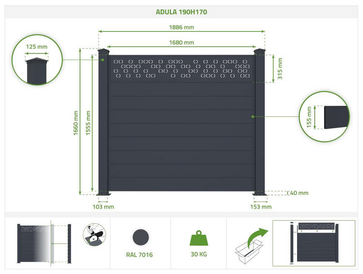 SICHTSCHUTZZAUN 2er-Set Adula grau 1,9m H.170cm aluminium - Grau, Metall (378/166cm) - Casanoov